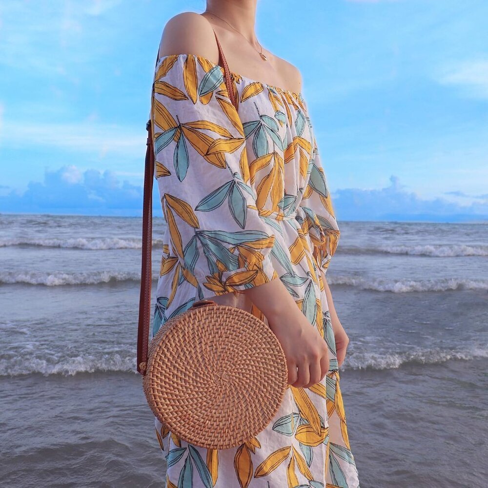 Handwoven Round Rattan Bag for Women Bali Ata Straw Bags Adjustable Shoulder Lea - Picture 3 of 7